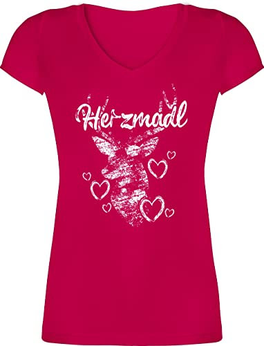 T-Shirt Damen V Ausschnitt - Kompatibel mit Oktoberfest - Herzmadl Hirsch - L - Fuchsia - trachtenshirt Trachten-Tshirt bayrische geweih Shirts Oktoberfest-t-Shirt tailliertes Trachten Tshirt