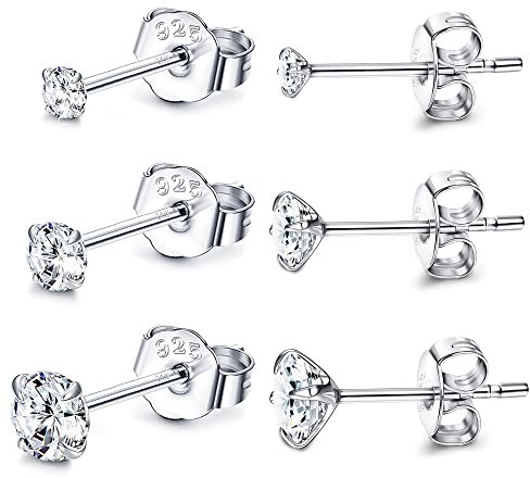 Sllaiss 3 Paare Ohrstecker Sets with Österreich Zirconia 925 Sterling Silber Ohrringe Set für Frauen Weißgold Runden Zirkonia Ohrstecker 2/3/4MM