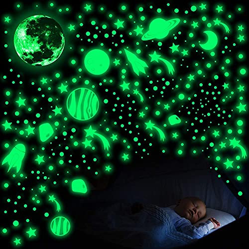 756 Stück Wandsticker Leuchtaufkleber, Mond und Sterne Fluoreszierend Wandaufkleber Planeten Raumschiff Leuchten Im Dunkeln Wandtattoo für Kinderzimmer Zimmer Baby Schlafzimmer Home Dekorative