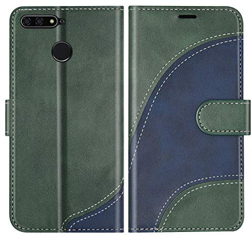 BoxTii Hülle für Huawei Y6 2018 / Huawei Honor 7A, Leder Handyhülle für Huawei Y6 2018 / Huawei Honor 7A, Ledertasche Klapphülle Schutzhülle mit Kartenfächer und Magnetverschluss, Grün
