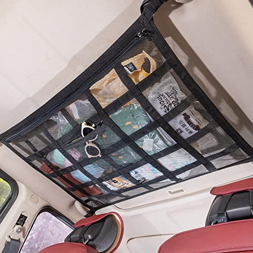 Upgrade Car Ceiling Cargo Net Pocket,31.5x21.6 Strengthen Load-Bearing and Droop Less Double-Layer Mesh Car Roof Storage Organizer,Truck SUV Travel Long Road Trip Camping Interior Accessories