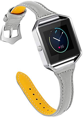 Sportarmband, kompatibel mit Fitbit Blaze, Lederersatzband mit Metallrahmen, schlankes Sport-Armband, verstellbar, 14 - 20,3 cm, kompatibel mit Fitbit Blaze – Grau