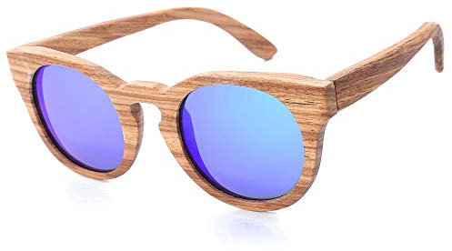 Mini Tree Lunettes de soleil rondes polarisées pour hommes et femmes Rétro faites à la main - En bois de noyer de catégorie 3 - Avec étui en bambou UV400, Cadre en bois et verre bleu