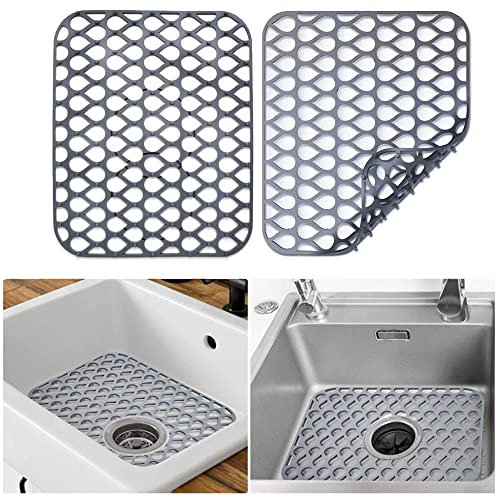 2 PCS Kitchen Sink Protector Mat, Silicone Non Slip Drainer Grid Mat Folding Heat Resistant Dish Drying Mats for Farmhouse Stainless Steel Sink (Grey)
