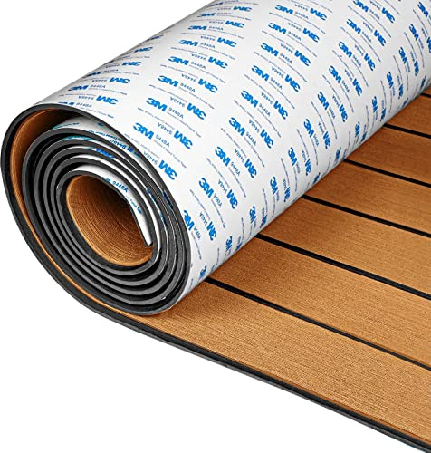 OCEANBROAD 3M Self-Adhesive 48''x16'' EVA Foam Boat Flooring Faux Teak Marine Boat Decking Sheet Non-Slip Mat for MotorBoats Pontoon Yacht Helm Pad Jon Boat Floor, Brown with Black Seam Lines