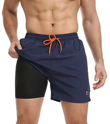 JustSun Bañador Hombre Corto Surferos Secado Rápido 2 en 1 Traje Shorts de Baño Playa Natacion Surf Hombre Piscina Compresión LinerAzul XL