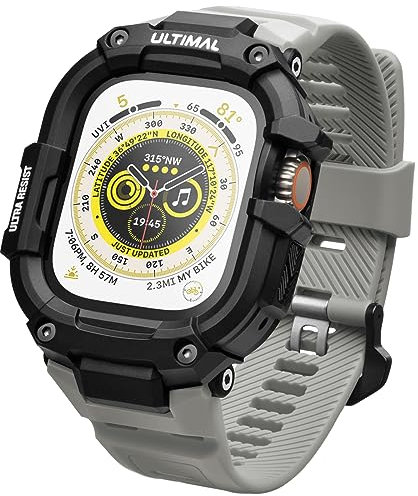 ULTIAML Funda protectora con correa compatible con Apple Watch ultra 2/ultra 49 mm, ajustable a prueba de golpes, brazalete deportivo robusto, correa premium (gris)
