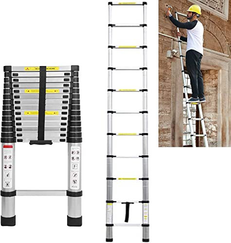 DICN 4.4 Meter Heavy Duty Collapsible Aluminum Alloy Telescopic Extension Ladder - Lightweight Portable Straight Extendable Steps, Max Load 150kg/330lb, for Home Loft RV