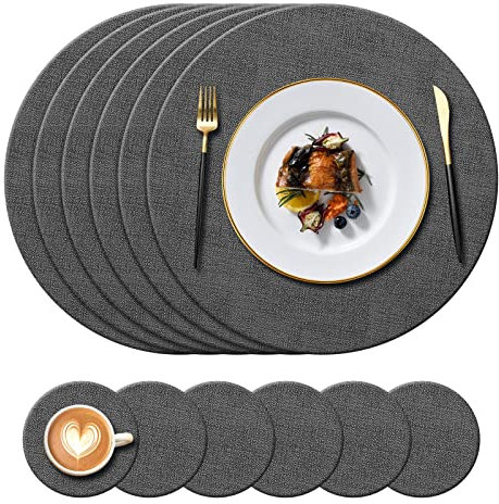 KERYCHIN Runde Tischsets und Untersetzer aus Leder, hitzebeständig, 222 °F, rutschfest und wasserdicht, Dekorations-Zubehör für Küche, Zuhause, Restaurant, Outdoor, Indoor-Esstisch, 12 Stück (Schwarz)