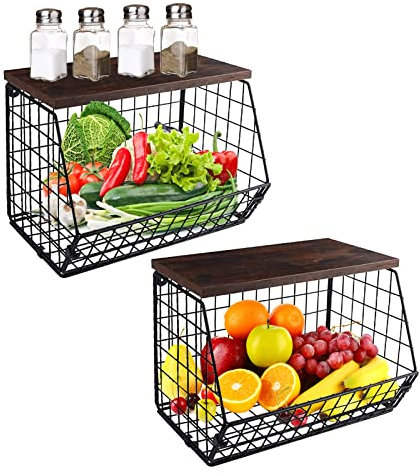 2 cestas de almacenamiento de pared para frutas, cesta de alambre, cesta de pared, color negro, cesta de frutas y verduras con tapa de madera, cesta de almacenamiento para verduras y pan de aperitivos