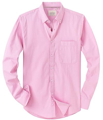 J.VER Oxford Herren Hemd Bügelfrei Regular Fit HerrenHemden Langarm Casual Oberhemd aus Baumwolle Button Down Hemden Faltenfrei Freizeithemd mit Tasche,Rosa,M