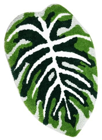 Grüner Badezimmerteppich, rutschfest, Blatt-Design, waschbar, großer Teppich, einzigartiger Monstera-Teppich für Küche, Schlafzimmer, WC und Badezimmer-Dekoration