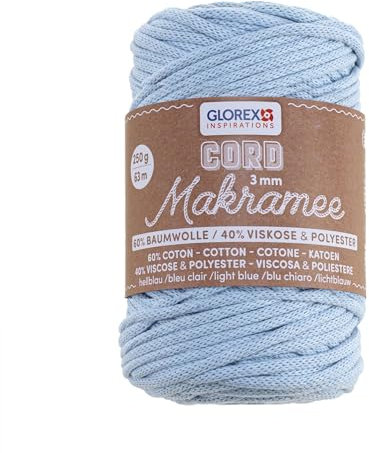 Glorex 5 1006 33-Cordoncino macramè 3 mm, 250 g, Azzurro, Lunghezza 63 m, Filato Tessile, 60% Cotone, 40% Viscosa e Poliestere, per Lavorare all'Uncinetto, a Maglia, Legare e Modellare, Colore
