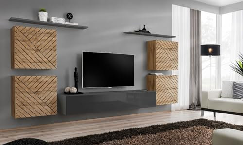 All4All Wohnwand SW IV mit Lamellen - Wohnzimmermöbel - Schrankwand für Wohnzimmer - Wohnzimmerschrank - Anbauwand Hängend - Hängewand - Mediawand - Modern - Wotan+Grau 21
