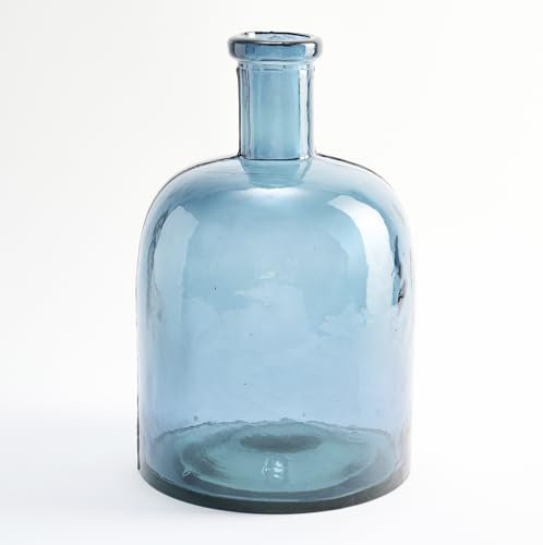 Breite Schlichte Glasflasche aus recyceltem Glas - Handgefertigte Glaskaraffe im mediterranen Stil Heimdekoration (Türkisblau)