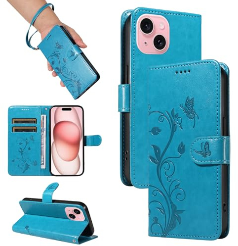 SRISHP Cover per iPhone 15 Custodia, Blu | Magnetica Cover a Libro, Portafoglio con Slot per Schede, Custodia in PU Pelle, Supporto Stand Cover