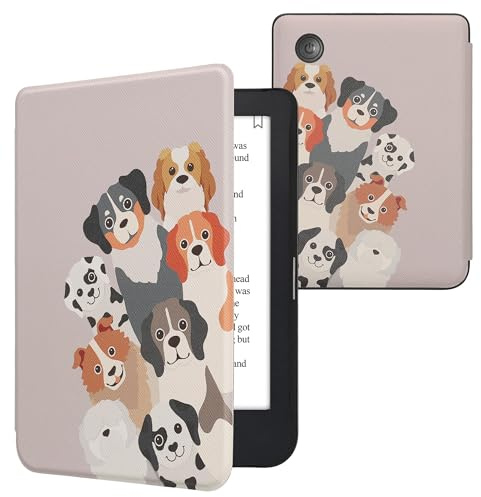 kwmobile Klapphülle kompatibel mit Kobo Clara 2E / Tolino Shine 4 Hülle - eReader Case - Lustige Hunde Braun Weiß Taupe