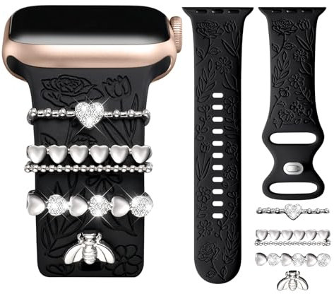 CeMiKa Correas Grabadas con Flores Compatible con Correa Apple Watch 41mm 40mm 38mm para Mujer, Correa Silicona & Charms Decorativos Apple Watch para iWatch Series 9 8 7 6 5 4 3 2 1 SE