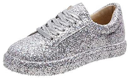 Glitzer Schuhe Damen,Schnürschuhe Flach Silber Schwarz Pailletten Schuhe Plateau Sneaker Weiss Leder Outdoor Sportschuhe Halbschuhe Atmungsaktive Laufschuhe Leicht Schnürschuhe Turnschuhe Sport