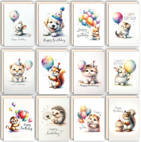 Geburtstagskarte Glückwunschkarten Postkarten Set mit 12 Geburtstagskarten mit Umschlägen Süßen Tieren Maus Eichhörnchen Hunden Katzen Igel Hase Löwe Affe Hamster mit Happy Birthday bedruckt