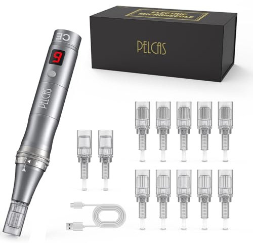PELCAS 9-Speeds Microneedling Pen LCD Screen Dermapen with 12Pcs Cartridges Type-C Rechargable Electric Derma Penfor Face Body Beard Hair and Skin Care-Black
