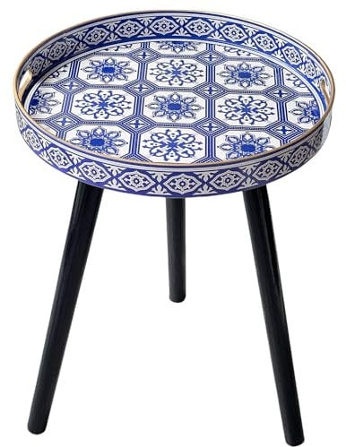 Simmer Stone Round Indoor Side Tables with Detachable Wooden 3 Legs, Versatile Tray Table, Perfect For Round Coffee Table Tea, and Relaxation Time 17.7 Inch (Blue porcelain)
