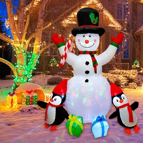 Weihnachts Aufblasbares Schneemann,6ft/180cm Aufblasbare Weihnachtsdeko Aussen mit LED Licht,IP44 Wetterfest Schneemann Pinguine Weihnachtsdeko mit Geschenkbox für Außen Innen Garten Rasen Winterdeko
