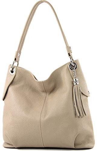 modamoda de T185 Damen Leder Schultertasche Handtasche handmade in Italy, Farbe:Graubeige