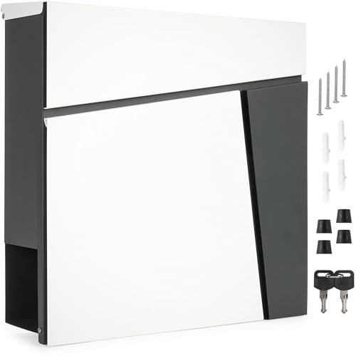 BRUBAKER Briefkasten mit Zeitungsfach - Modern, Groß und Wetterfest - Design Postkasten mit Zeitungsrolle - Wandbriefkasten aus Aluminium mit 2X Schlüssel - Weiß und Anthrazit