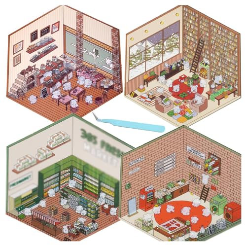4pcs Diy 3d house stickers, 3d house sticker set, 3d sticker scene, 3d stickers, coffee stickers, Coffee Shop/Restaurant/Bookstore, Cute Korean Cartoon Scene Stickers for Adult Kids Relief Stress Pass