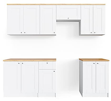 Vicco Küchenzeile Bergamo, Küchenblock, Weiß, 240 cm, AP Goldkraft mit LED-Leisten