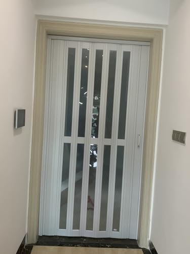 Schiebetür Falttür falttüren innentüren Weiße Glasschiebetüren Innen, Akkordeon Scheunentor Mit Oben Montiertem Hardware-Kit, Falttürvorhänge Für Tür, Küche, Terrasse Und Badezimmerdusche(Clear,WxH 73