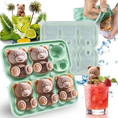 GZYYANG Groß Eiswürfelform, Bär Eiswürfelforms Silikon, Eiswürfelform mit Deckel, 6-Fach Silikon Ice Cube Tray für DIY Cocktail Whisky Obst Wein Kaffee