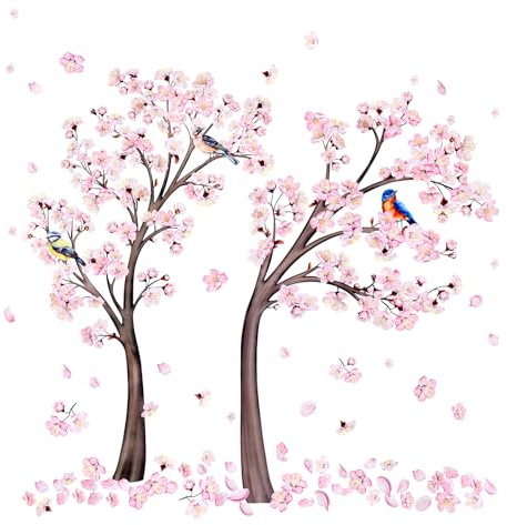 Kirschbaum Wandtattoo Rosa Baum Kirschblüte für Wanddeko,XXL Groß Pink Blumen Zweige Ast Vögel Querformat Wandsticker Wandaufkleber Kleben Aufkleber Wandbilder für Wohnzimmer Schlafzimmer Vorraum Flur
