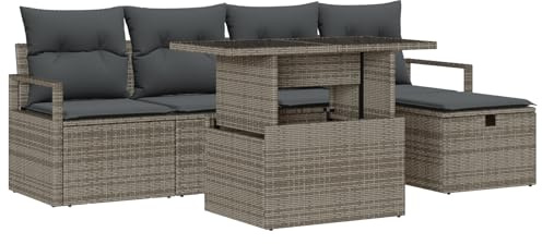 vidaXL Garten-Sofa-Set mit Kissen mit Speicher 6 pcs Grau Poly Rattan, Garten und Terrasse, Moderne Möbel für draußen, Lounge-Sofa mit verstellbaren Füßen, Entspannungsoase