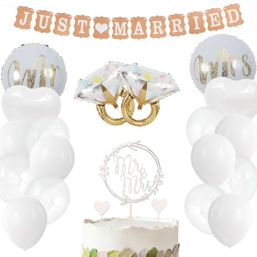 ENLACE Hochzeitsdeko Luftballons Hochzeit,Just Married Deko, 22 Stück Just Married Girlande, Mr & Mrs Deko Hochzeitstorte Weiß, Hochzeit Luftballons für Standesamt Verlobung Hochzeitsfeier