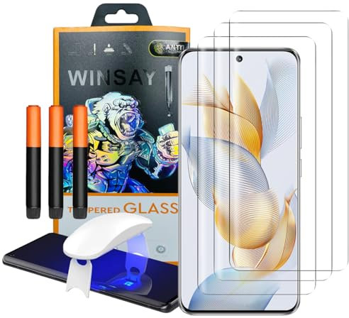 NOVAGO Compatible con Honor 90 5G - 3 protectores de pantalla de cristal templado curvo pegamento y lámpara incluida + 2 películas de cámara trasera