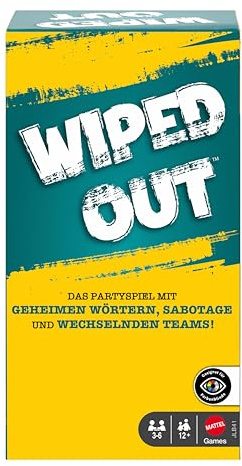 Mattel Games Wiped Out Partyspiel für 3–6 Spieler, deutsche Ausgabe | Gesellschaftsspiel mit Raten & Sabotage, inkl. Verdunkelungsbrille, Tafel, Stift, ab 14 Jahren, JLB41