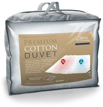 Littens Dual Zone 9 & 13.5 Tog Luxury Double Bed Size Duvet Quilt, 230TC Premium Cotton, Dual Blend Microfibre Fill, Box Stitching, Gold Pipe Edge, Energy Efficient, Warm & Cool (200cm x 200cm)