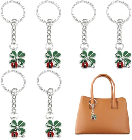 ZORVYN 6 Porte-clés Trèfle à Quatre Feuilles, Porte-Bonheur avec Coccinelle, Cadeau Chance, Noël