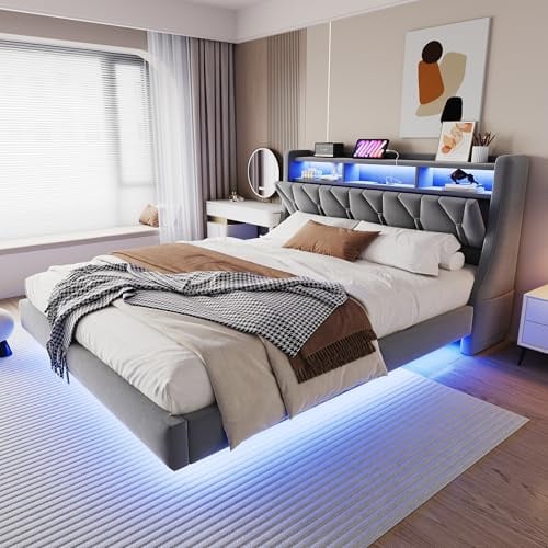 RIAZOS Polsterbett 180 x 200 cm, Schwebebett, Doppelbett mit Staufach Stauraum, Kopfteil mit LED USB, Bettgestell mit Lattenrost, für Jugendliche und Erwachsene, Samt, Grau, ohne Matrztze