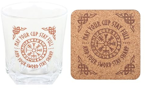 something different Glass Viking Lowball Glass, 300ml, Vegvisir Compass Design, Norse Mythology Theme, with Cork Coaster, Gift Set