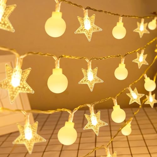 FFZZKJ Lichterkette Weihnachten Batterie Timer Sterne&Kugel Außen Innen Wasserdicht für Weihnachtsdeko, 6M 40LED, Warmweiß