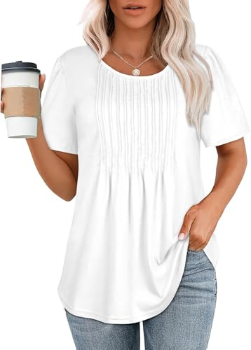 Womens T Shirts Summer Short Sleeve Crew Neck Tunic Tops Pleated Blouse | soft and breathable cotton blend, pleated front detail, curved hemline, chic tee shirt for daily outfits