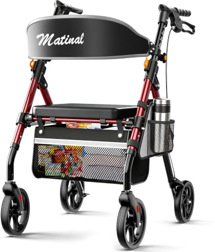 Matinal Leichte, Faltbare Rollatoren mit Sitz für Senioren, 158 kg Tragkraft, 20 cm Räder, 45 cm Großer Sitz, 6-fach Höhenverstellbar, Ultraleichter Aluminiumrahmen (Rot)
