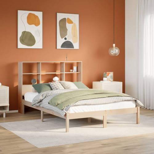 Runheo Massivholzbett mit Regal, 140x200 cm, Kiefernholz, unbehandelt, stabiles Bettgestell, Lattenrost, Stauraum für Bücher, platzsparendes Design für Schlafzimmer