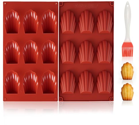 VINATO 2 Stück Silikon Madeleines Backform mit Backpinsel, Madeleine Silikonform 9 Hohlräume (28.7x16.8cm), BPA-frei Antihaft Muschelförmige Backform für Kuchen, SüßIgkeiten, Kekse, Schokolade, Rot