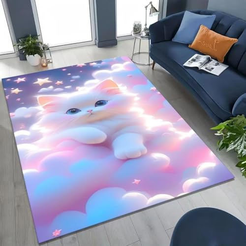 RUILBJM Teppiche mit Niedlichen Katzen Motiven im Cartoon-Stil für Schlafzimmer,Wohnzimmer,Esszimmer,Küche,Badezimmer Fußmatte, Jungen Mädchen Teenager Spielzimmer Flanell Carpet (Purple,120x180 cm)