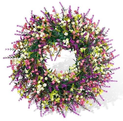 Künstlicher Blumenkranz 34 cm, Türkranz mit Lavendel-Optik, dekorativer Wandkranz für Haustür, Wohnzimmer, Flur, Frühlingsdeko und Sommerdeko