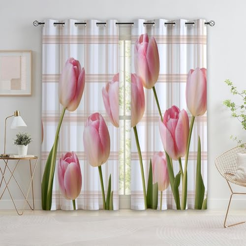 XCQHZYQ Vorhänge Floral Rosa Tulpe, Gardinen Blickdicht Rosa Verdunklungsvorhänge Thermovorhang mit Ösen, Polyester Gardinen Kinder Wohnzimmer Schlafzimmer Fenster, 2er Set, H 138 x B 117 cm